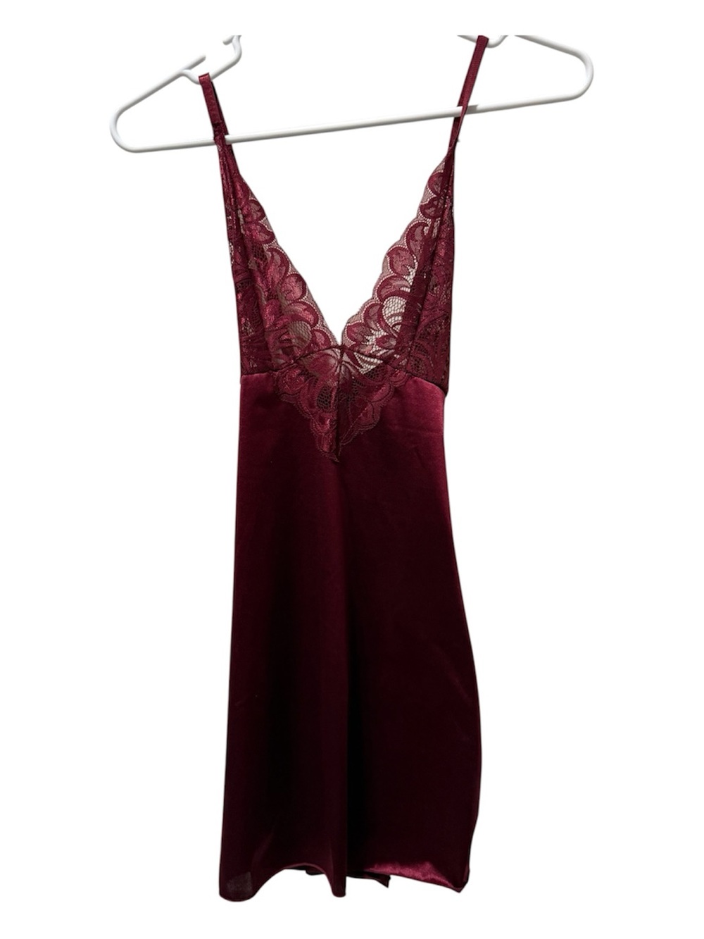 Burgundy Red Satin Silk-Like Lace Nightgown